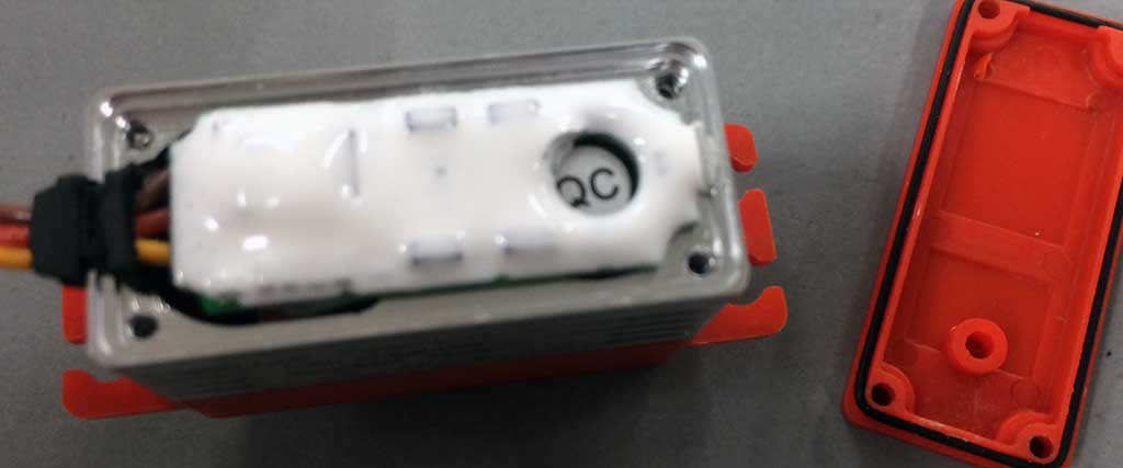 Close up of potting compound on a ProModeler servo's PCB